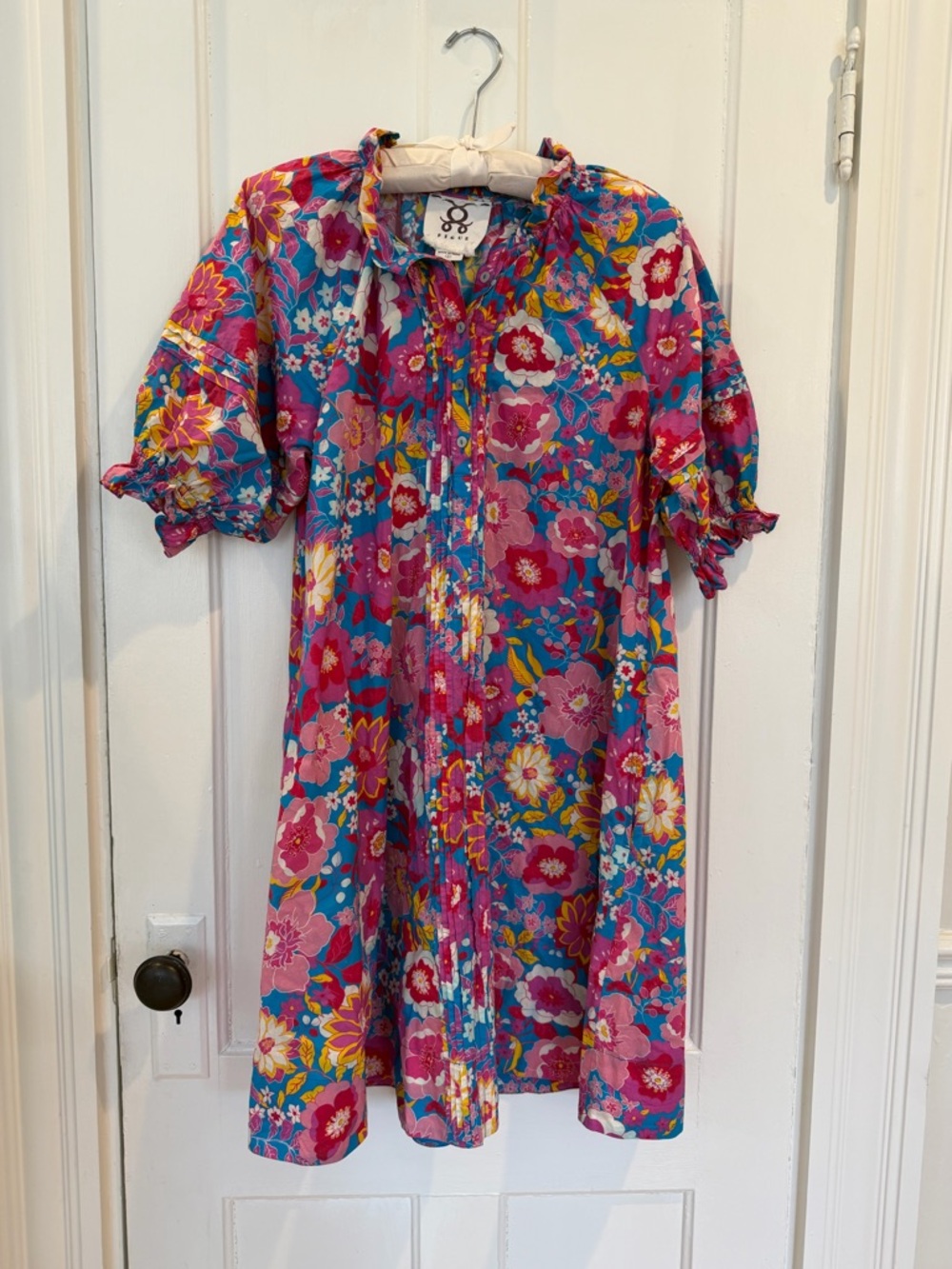 Floral Pink & Blue Cotton Mini Dress with Puff Sleeves